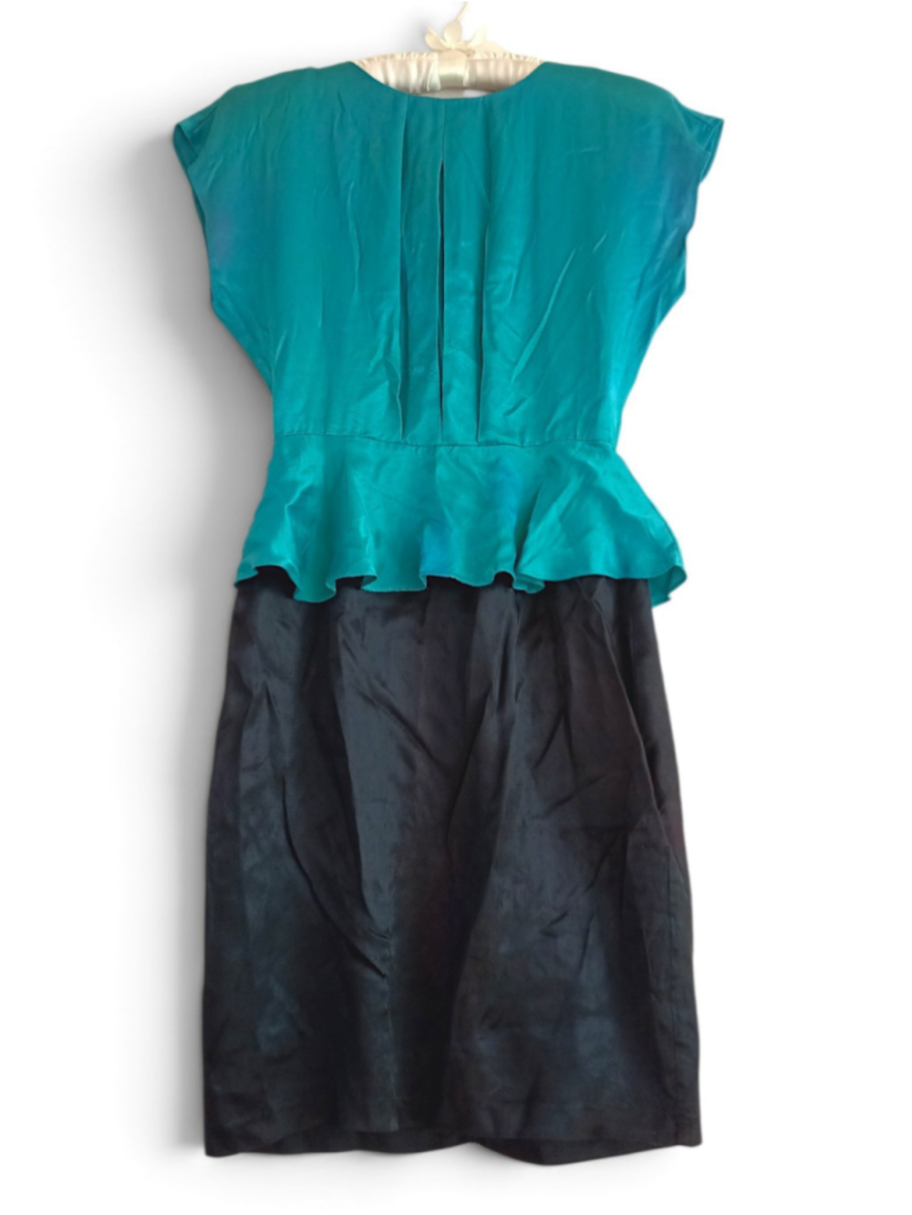 Vintage Teal Black satin Peplum Midi Dress 80s colorblock All That Jazz cocktail